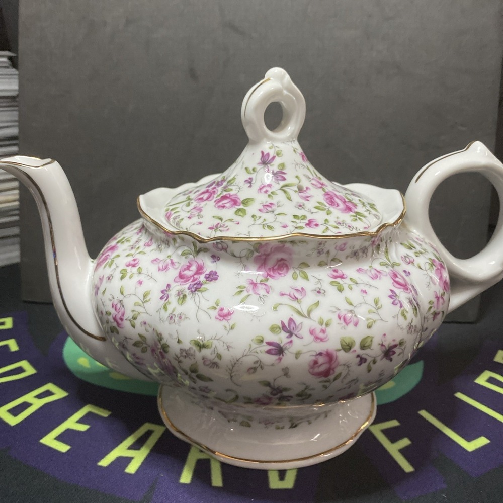 Vintage Lefton Pink Rose Chintz Musical Teapot WORKING Music Box Antique Nice!